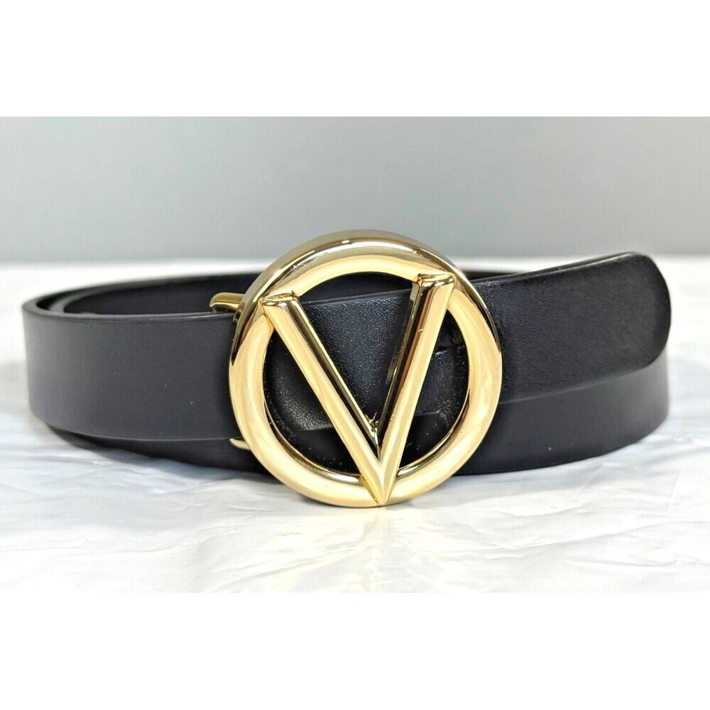 Valentino Milano Black Leather Belt with Gold V-Logo Buckle Size S Quiet Luxury